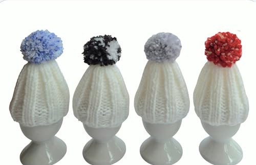 4 er Set Eierwärmer mit Puschel Pompom handgestrickt Pudelmütze weiß bunt reine Handarbeit Handmade gestrickt Geschenk Idee