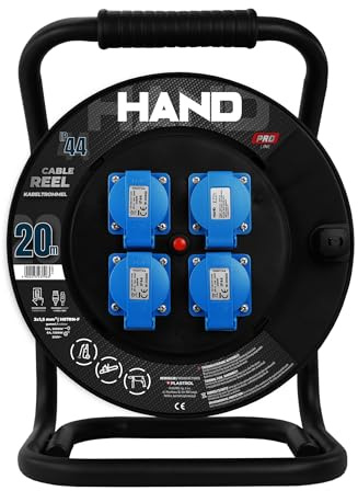 Avvolgicavo; 3 × Schuko (2P+E) + 1 × USB‑A/USB‑C; IP44; 16A; H07RN‑F 3 × 1,5 mm²; 50 m, 30 m, 20 m; SCHUKO; nero (lunghezza 20 metri)