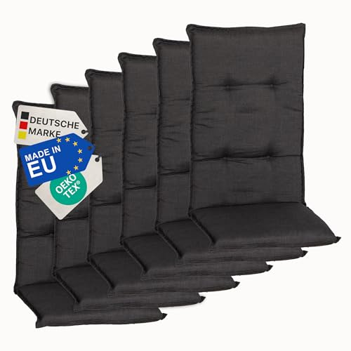 NYVI Gartenstuhl Auflagen Hochlehner 6er Set Barcelona - UV-Beständig, Atmungsaktiv, Strapazierfähig - Hochlehnerauflagen Sitzkissen Outdoor - Sitzauflagen für Gartenstühle 118x50cm Dunkelgrau