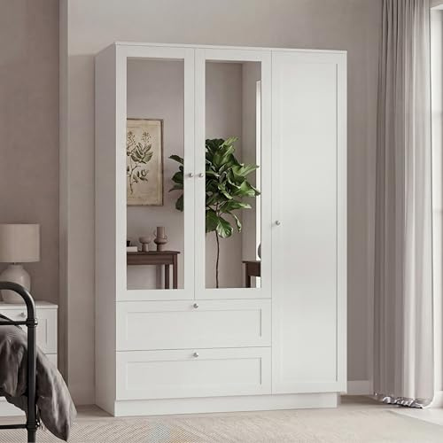 Vida Designs Altino 3 Door 2 Drawer Mirrored Wardrobe | White | Bedroom Furniture | 170H x 116W x 53D cm | With Storage Shelf & Hanging Rail | Large Capacity Storage