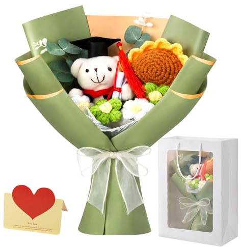 SIMDAO Gehäkeltes Blumenbouquet – Handgefertigtes Blumenstrauß-Geschenkset mit Geschenktüte & Grußkarte – Künstliches Bouquet aus Rosen & Sonnenblumen für Abschlussfeiern & Geburtstage (Grün)