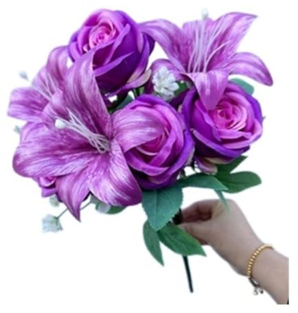 9 stjälkar Blandade rosor och liljor Konstgjord vårbukett, Hem Bröllopsdag Borddekoration Semesterpresenter Gör-det-själv-arrangemang(Dark purple)