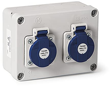 FAMATEL – Caja estanca IP54 | 2 tomas | 2P+TTL | 16A | 250V | Azul y Rojo