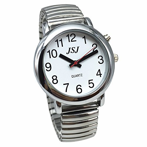 English Talking Watch with Alarm Expanding Bracelet,Talking Date and Time, Silver Color, White Face TE