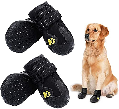 HuaTek Hundestiefel, wasserdichte Hundestiefel, Regenstiefel, Hundeschuhe für mittelgroße bis große Hunde mit zwei reflektierenden Befestigungsbändern und robuster rutschfester Sohle(schwarz, 4 Stück)