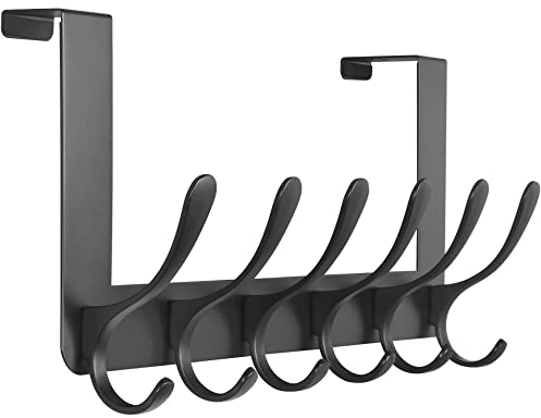 SKOLOO Over The Door Hooks - for Doors up to 4.5cm Thick, No Assembly Required, Stainless Steel Door Hanger with 6 Hooks, Over The Door Hanger for Coats Clothes Hat Towel Jacket, Black