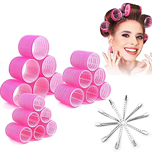 Acrebow Lockenwickler locken Set, 18 Stücke Hitzefreie Jumbo Groß Kleine Lockenwickler Selbsthaftend Hair Rollers 63 mm 44mm 35mm mit 10 Stücke Klammern für lange mittlere kleine Haar (35mm-63mm)