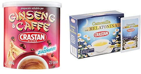 Crastan Ginseng e Caffe Preparato Solubile per Bevanda, 200g & Camomilla Solubile con Melatonina, senza Zuccheri Aggiunti, 16 Bustine, 64 G