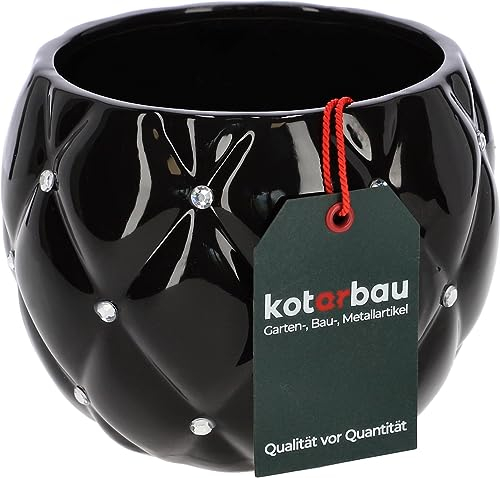 KOTARBAU® Glamour - Vaso da fiori in ceramica, diametro 15 cm, con zirconi, rotondo, colore nero, per piante da interno, vaso da giardino