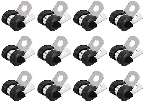 sourcing map 24Stk 1/4 (6mm) Rohrschellen Kabel Klemme 304 Edelstahl Gummi Gepolsterte Isolierklemme R Form Metall Klemme für Rohr Leitung Draht