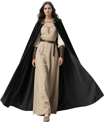 keland Capa Medieval con Capucha Túnica Mujeres Hombres para Cosplay de Halloween con Broches Vikingo (Negro)
