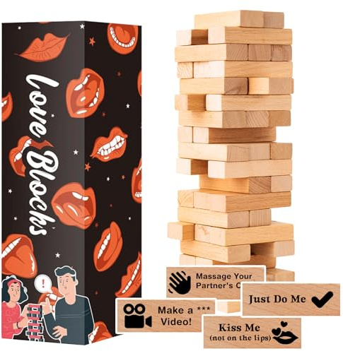 allonu 54Pcs Lust Tower – A Bold, Flirty Twist on The Lust Tower for Daring Adults, Valentine Tumbling Tower Stacking Blocks, Date Night Party Game