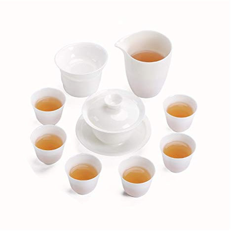 WOTZOV Teekannen-Set aus Keramik, klassisches Teeservice, traditionelles chinesisches Teeservice, enthält Teetassen, Gemeinschaftstasse, chinesische Terrine, Teesieb, weißes Set mit 9 Teetassen