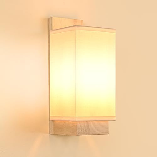 Gleonlux Wandleuchte Holz Innen, Vintage Wandlampe innen mit E14 Fassung, Retro Wandleuchten Boho aus Stoffbezug， Wandbeleuchtung Industrial für Treppenhaus Wohnzimmer Schlafzimmer Flur, Rechteck