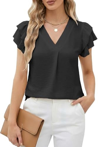 Teesho Damblus, kortärmade toppar, sommarskjortor, V-ringad, eleganta blusar, tunika, toppar, A1-svart, XL