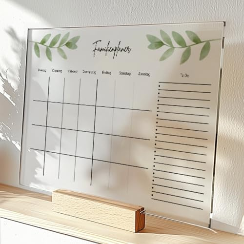 MeinBaby123® Familienplaner abwischbar aus Acryl inkl. Holzhalterung | Wochenplan | wiederverwendbar | Familienplaner | Notizen | To Dos | Terminkalender | Wandkalender | Boho
