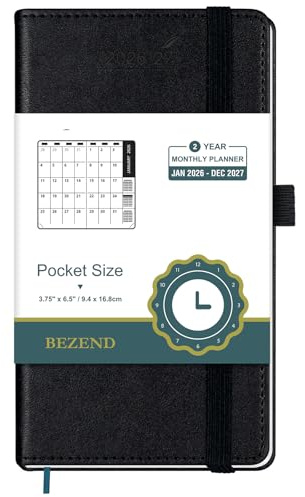 BEZEND Pocket Monthly Planner 2026-2027 (3.5 x 6.5) 2 Year Calendar Book for Purse with Note Pages, 100 GSM Paper, Inner Pocket, Pen Holder, Vegan Leather Hardcover in Black