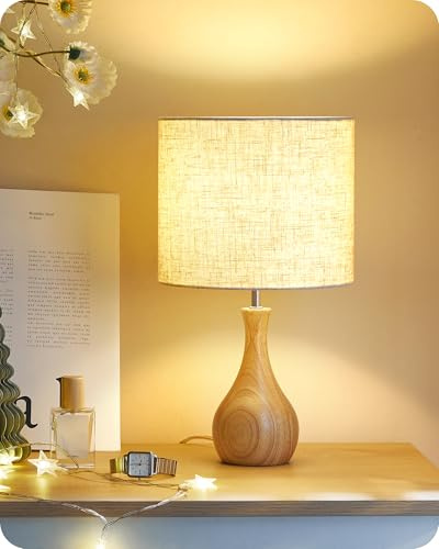 GOEBLESON Nachttischlampe aus Holz, Moderne Tischlampe Wohnzimmer, Beige | Tischleuchte mit Kabel, Fensterbank Lampe aus Leinen, E27 2700K LED-Birne, für Schlafzimmer, Nachttisch, Geschenk, Hotel