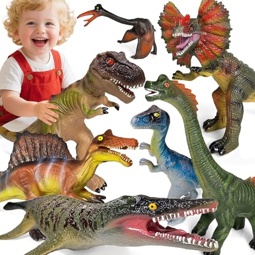 Giocattolo dinosauro per bambini 3 – 5 anni – Set di 7 pezzi con grandi figure dino realistiche in materiale morbido
