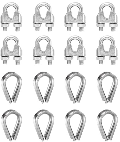 sourcing map Juego de 8 abrazaderas de clip de cable de cuerda de alambre de 5/16 pulgadas M8 pequeñas de acero inoxidable 304 con perno en U, accesorios con dedal para aparejos seguros, tendedero