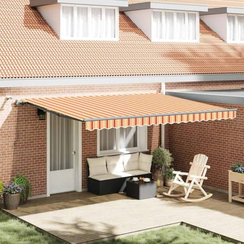 Mokuyary Infällbar markis med gul och orange 450 x 300 cm tyg, klämmarkis med handvev, balkongmarkis solskydd för fönster balkong terrass trädgård veranda