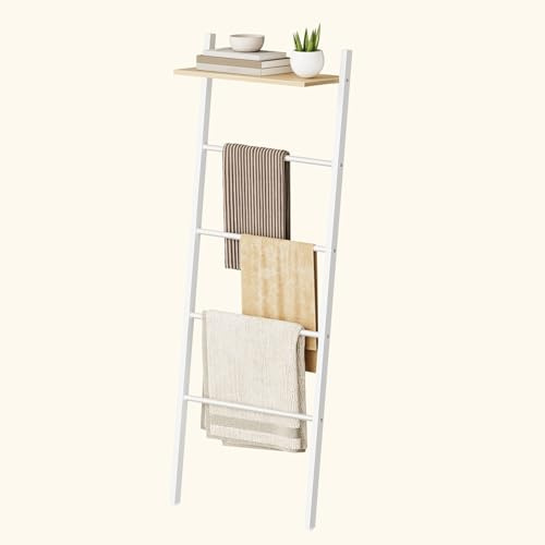 HOOBRO Toallero Escalera, Toalleros de Baño, Escalera Estante, 41 x 20 x 156 cm, para Sala de Estar, baño, Dormitorio, Estable, Ahorra Espacio, Blanco y Madera Natural EWN73CJ01G1