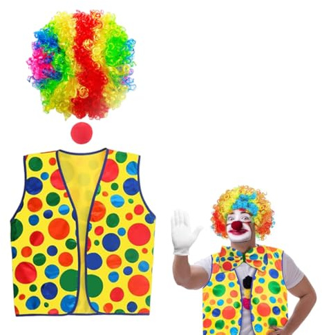 OIXYEY 1 Set Regenbogen Clown Lockenperücke, Clown Kostüm, Clown Nase, Zirkus Clownkostüm, Fasching Karneval Cosplay Accessoire für Damen, Herren und Kinder
