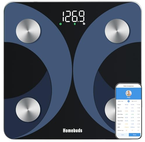 Homebuds Bascula de Baño, Precisión 0,05kg Por Nuestra Profesional Bascula Fábrica Desde 2001, Bluetooth Bascula Inteligente App Sync 13 IMC Bascula Grasa Corporal y Muscular, 182kg, Azul