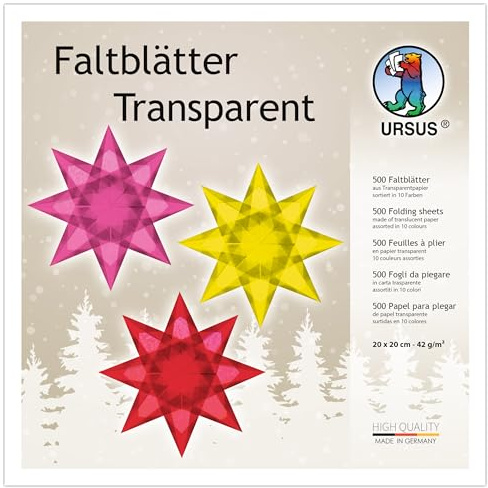 Ursus 2645199 - Faltblätter Transparentpapier, ca. 20 x 20 cm, 42 g/qm, 500 Blatt, sortiert in 10 Farben, durchgefärbt, ideale Grundlage für kreative Bastelarbeiten, Bunt