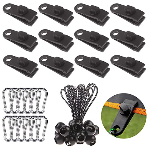 12 clips de tente, 12 cordes élastiques, 12 boucles, utilisés pour fixer des bâches, des clips de camping, des bâches, des couvertures de piscine, des couvertures marines