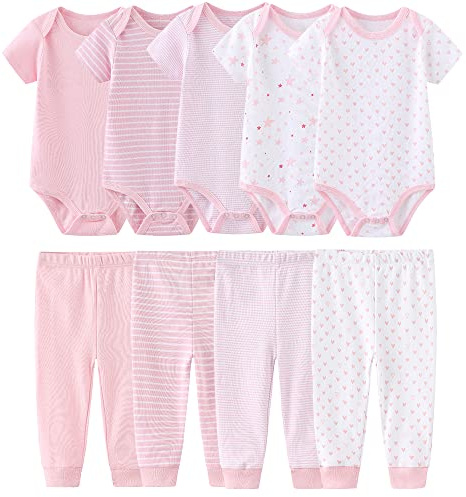 MAMIMAKA Baby Bodysuits Pants Trousers Clothes Short Sleeve Bodysuits Clothes Sets for Baby Boys and Girls (Layette-4, 9-12 Months)