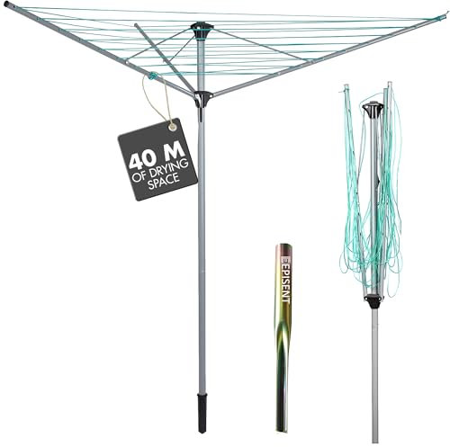 EPISENT 3-Arm 40M Rotary Washing Line – Heavy Duty Outdoor Clothes Airer with Ground Spike | Adjustable Height, Non-Slip Lining, Foldable Whirligig Dryer Umbrella System for Garden & Patio Use