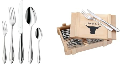 WMF Verona Besteckset, 12 Personen, 60-teilig, Monobloc-Messer & Steakbesteck 12-teilig, Steakbesteck Set für 6 Personen, Steakmesser, Steakgabel, Cromargan Edelstahl poliert