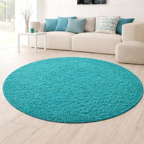 Teppich-Traum Modernt Shaggy-matta Rund Höglugg Turkos Ø 160 cm | Fluffig och mjuk, lättskött, slitstark, formstabil, robotdammsugare, testad, vardagsrum och ungdomsrum