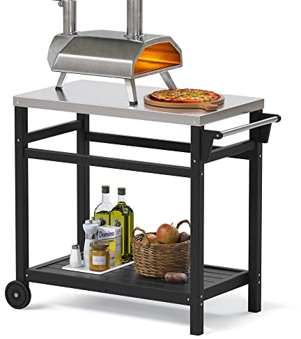 TORVA Outdoor Prep Grill Carts, 303 Stainless Steel Tabletop with High Load Capacity Portable BBQ Table, HDPE Durable Frame 2-Tier Storage Cart, Black