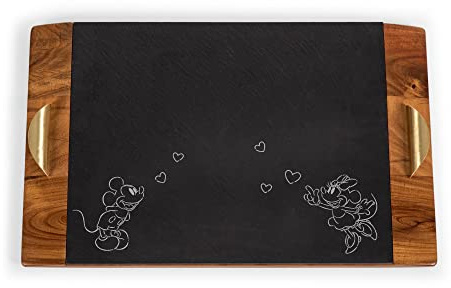 PICNIC TIME Disney Mickey Mouse & Minnie Mouse Covina Acacia and Slate Serving Tray, Charcuterie Board Set, Cheese Board, (Acacia Wood & Slate Black with Gold Accents)