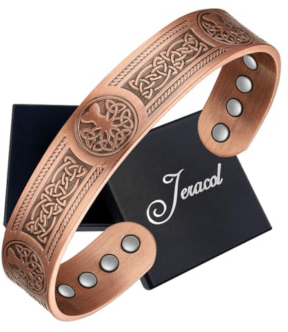 Jeracol Pulseras de cobre, diseño de árbol de la vida y nudo celta, pulseras magnéticas con 12 imanes potentes (3800 gauss cada uno), joyería con caja de regalo