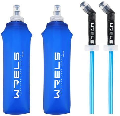 WRELS Gourde Souple Running Pliable, Pack de 2 500ml Flasque Running avec de la paille-Idéal pour Course à Pied, Trail, Randonnée-Sans BPA(Bleu Foncé)