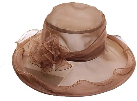 Pohullan Damen-Organza-Fascinator-Kirchenhut Mit Federn, Damenhut, Floraler Teeparty-Hochzeitshut Brown(3) 56-58cm