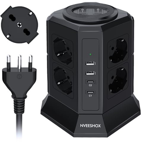 NVEESHOX Ciabatta Multipresa con 8 Prese Universali Ciabatta Schuko(4000W 10/16A) & 2 USB-C (20W PD3.0) & 2 USB-A, IT Multipresa Verticale Ciabatta con Interruttore con Interruttore,Cavo 2 M (Nero)