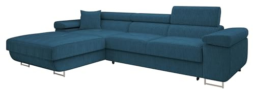 Mirjan24 Ecksofa Torezio Mini Cord mit Bettkasten (Poso 05, L) | Komfortable Eckcouch mit Schlaffunktion, verstellbaren Kopfstützen, weichem Cordbezug und gepolstertem Rücken