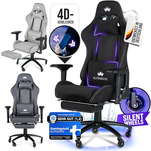 ELITESEATS Gaming Stuhl Ergonomisch [TESTSIEGER] Kratzerfreie Rollen Atmungsaktiv, 4D-Armlehnen, mit Fußstütze | Ergonomischer Gamingstuhl Stoff 150 kg Belastbarkeit | Gaming Chair | Gaming Sessel