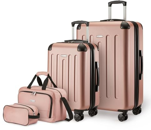 Amazon Basics 4-Piece Luggage Set, Hardside Spinner Suitcases with Multidirectional Wheels (22 Carry-On and 28 Checked), Plus 15-inch Tote Bag and 10-inch Compact Travel Bag, Rose Gold