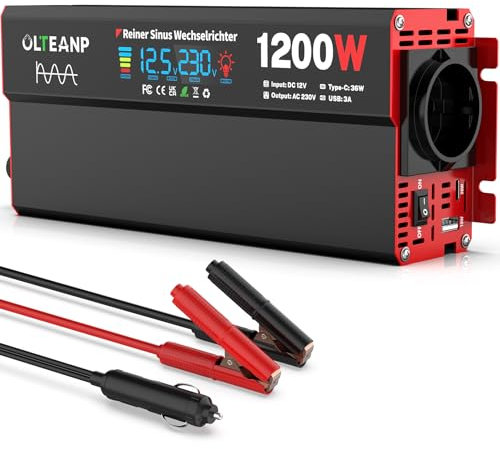 OLTEANP Wechselrichter 12V auf 230V Reiner Sinus,Spannungswandler 1200W Inverter mit LCD-Bildschirmanzeige, AC-Steckdosen, 36W Typ-C-Anschluss, 5V/3A USB-Anschluss für LKW,Zuhause,Fahrzeuge
