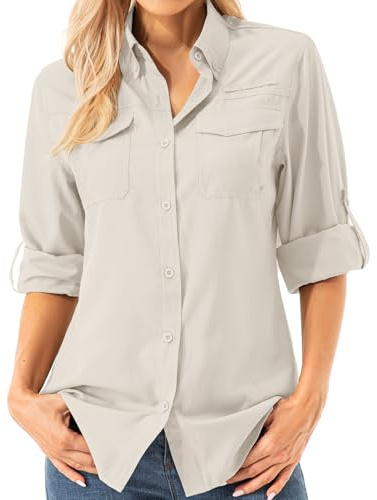 Asfixiado Camicia da donna a maniche lunghe UPF 50, ad asciugatura rapida, per attività all'aperto, pesca, escursionismo, viaggi, Cachi chiaro, M