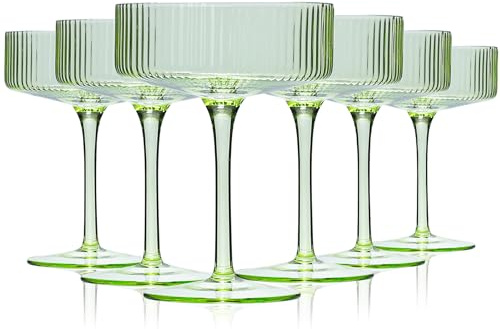 Vintage Art Deco Coupe Glasses Set - 6-9 oz Green Ribbed Martini Glasses, Unique Green Coupe Cocktail Glassware, Perfect for Cocktails