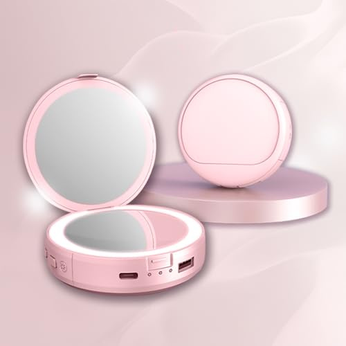 OBEST 4-in-1-Elektrischer Handwärmer,Power Bank mit Schminkspiegel mit LED-Fülllicht,2 Lichtmodi,3-stufige Temperatureinstellung, Mini-Schminkspiegel mit Teillupe, tragbarer Handwärmer und Powerbank