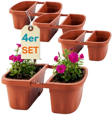 GarPet 4er Set Blumenkasten Balkongeländer Beidseitig Balkon Blumenkasten Doppelseitig Balkonkasten mit Halterung Geländerkasten mit Wasserspeicher Teracotta 40 cm