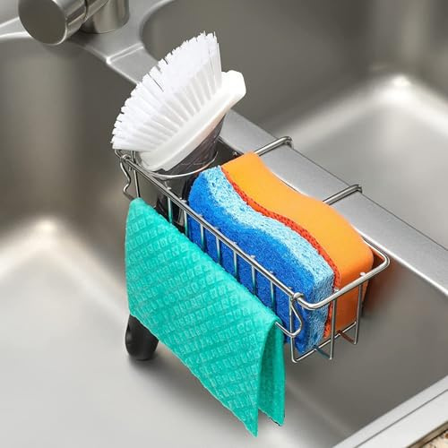 LIUCONGBD 3-in-1 Sponge Holder for Kitchen Double Sink, Stainless Steel Brush Storage & Organization, Sink Caddy Drainer Hanging Rack for Kitchen Accessories Dishcloth Soap Brush Basket