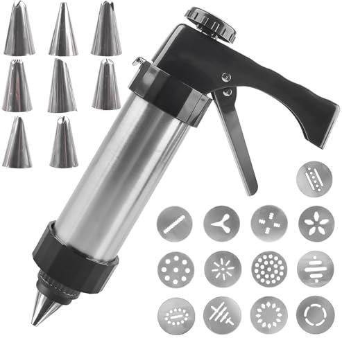 VEGOATY Gebäckpresse Für Spritzgebäck, Edelstahl Spritzgebäck Presse Mit 13 Schablonen Und 8 Tüllen, Garnierspritze Für DIY Plätzchen Backen, Plätzchenpresse Für Kuchen Kekse Und Tortendekoration